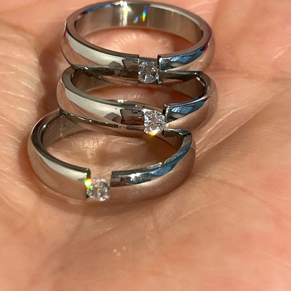 Stainless Steel Stackable Band Rings Trio with Clear Floating Rhinestone, Sz 6 - Picture 2 of 7